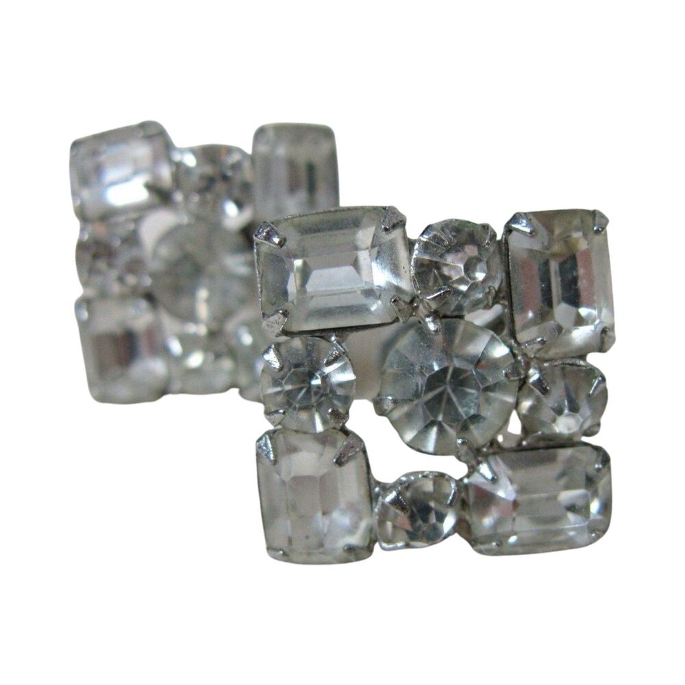 Vintage 1950s Sparkly Rhinestone Screw-Back Earrings Silver Tone Metal Unsigned